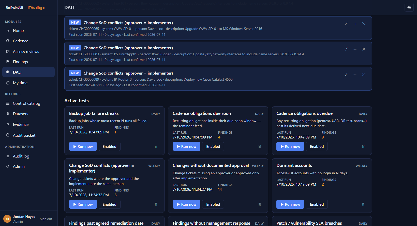 DALI continuous monitoring inbox showing change SoD conflicts pulled from ServiceNow